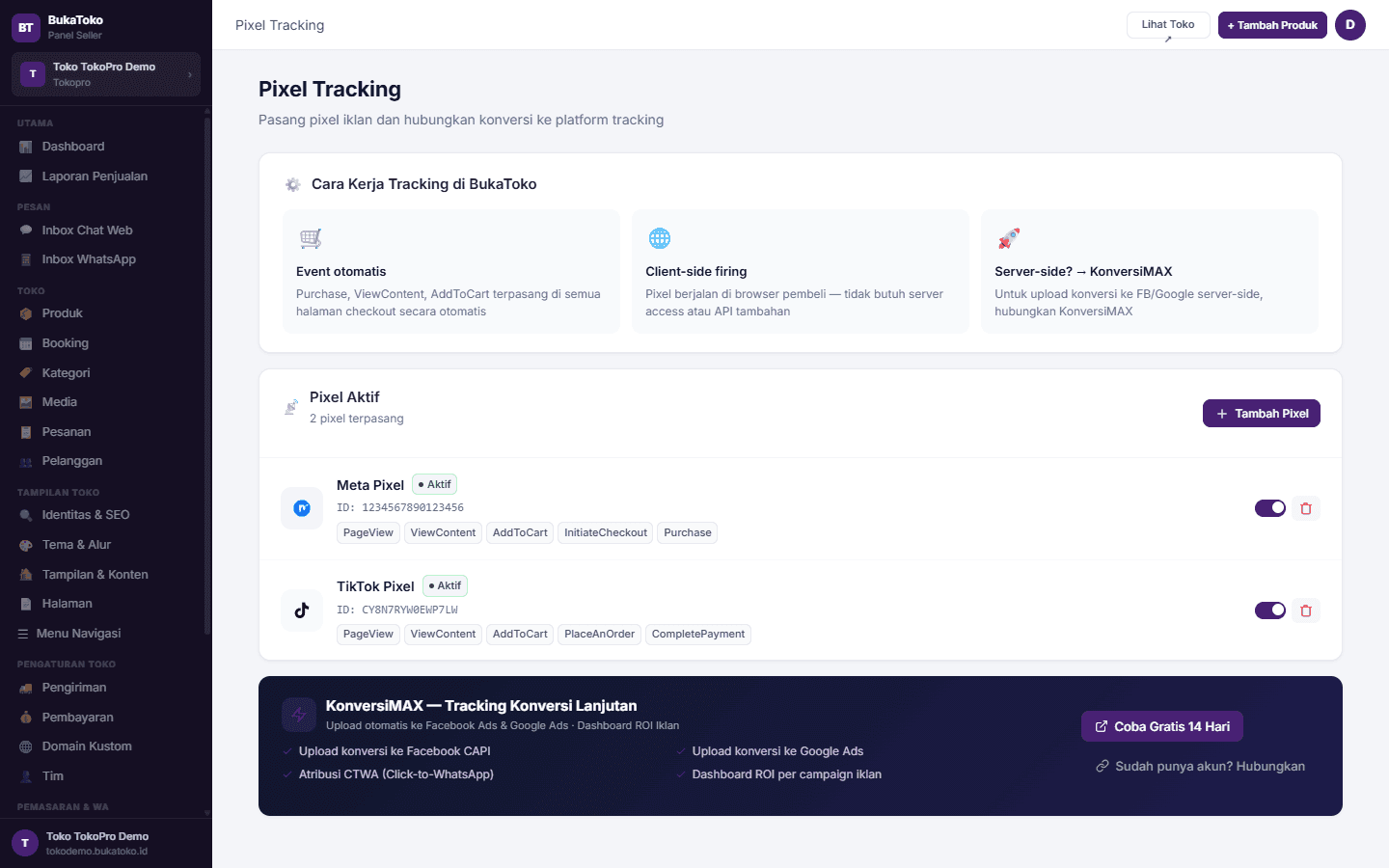 Analytics penjualan & Meta/TikTok Pixel di Panel Seller