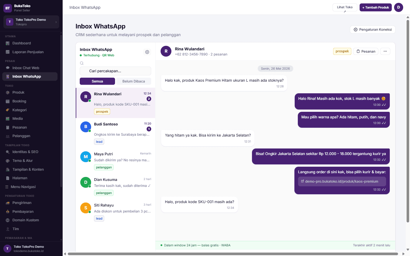 CRM Inbox terpadu — chat website & WhatsApp dalam satu layar